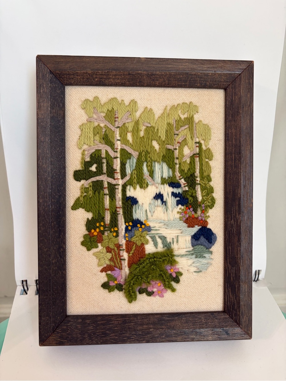 Vintage Jiffy Stitchery "Waterfall Birches" Crewel Embroidery-Finished & Framed